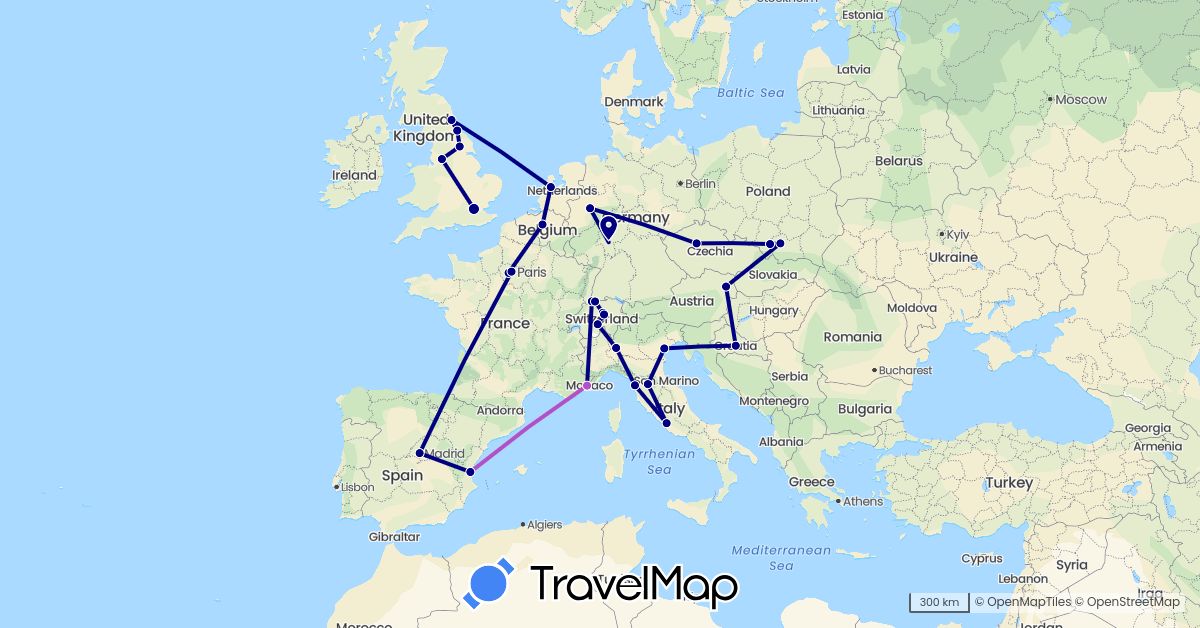 TravelMap itinerary: driving, train in Austria, Belgium, Switzerland, Czech Republic, Germany, Spain, France, United Kingdom, Croatia, Italy, Netherlands, Poland (Europe)